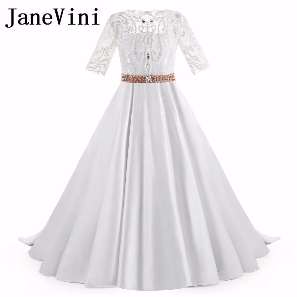 

JaneVini 2018 Crystal Beaded Flower Girl Dresses for Weddings Half Sleeve Satin Kids Prom Evening Dress Communie Jurk Meisje