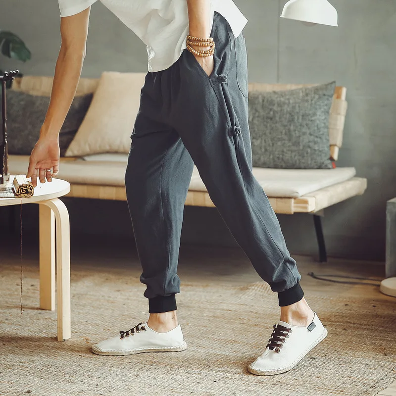 Original retro Chinese style windproof buckle pants pants men's XL loose casual stretch breathable feet pants linen casual pants