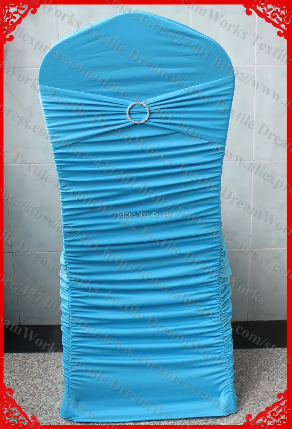 NO.33 Turquoise Ruffled Lycra/Spandex Chair Covers With Lycra Band And One Row Diamond Buckle