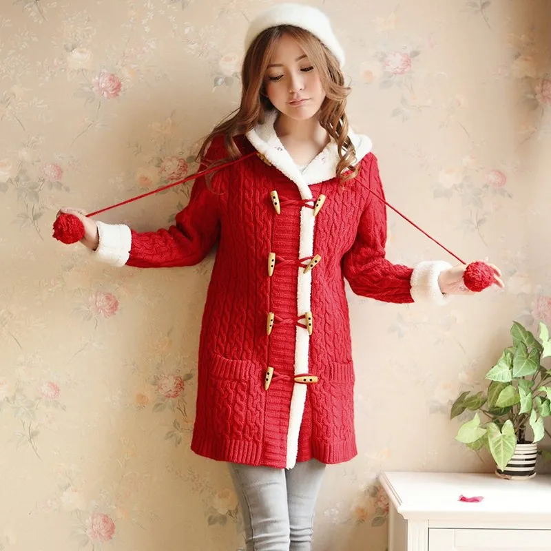 Зимний женский вязаный свитер, однобортный Кардиган с длинным рукавом, теплый тонкий свитер с капюшоном, пальто - Цвет: Красный