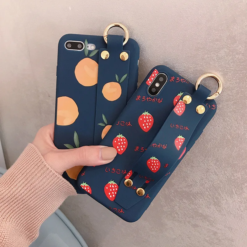 Kawaii Japanese Strawberry Phone Case For iPhone 6 6S Puls 7 8 Soft Silicon Wristband Back Cover X XS Max XR |