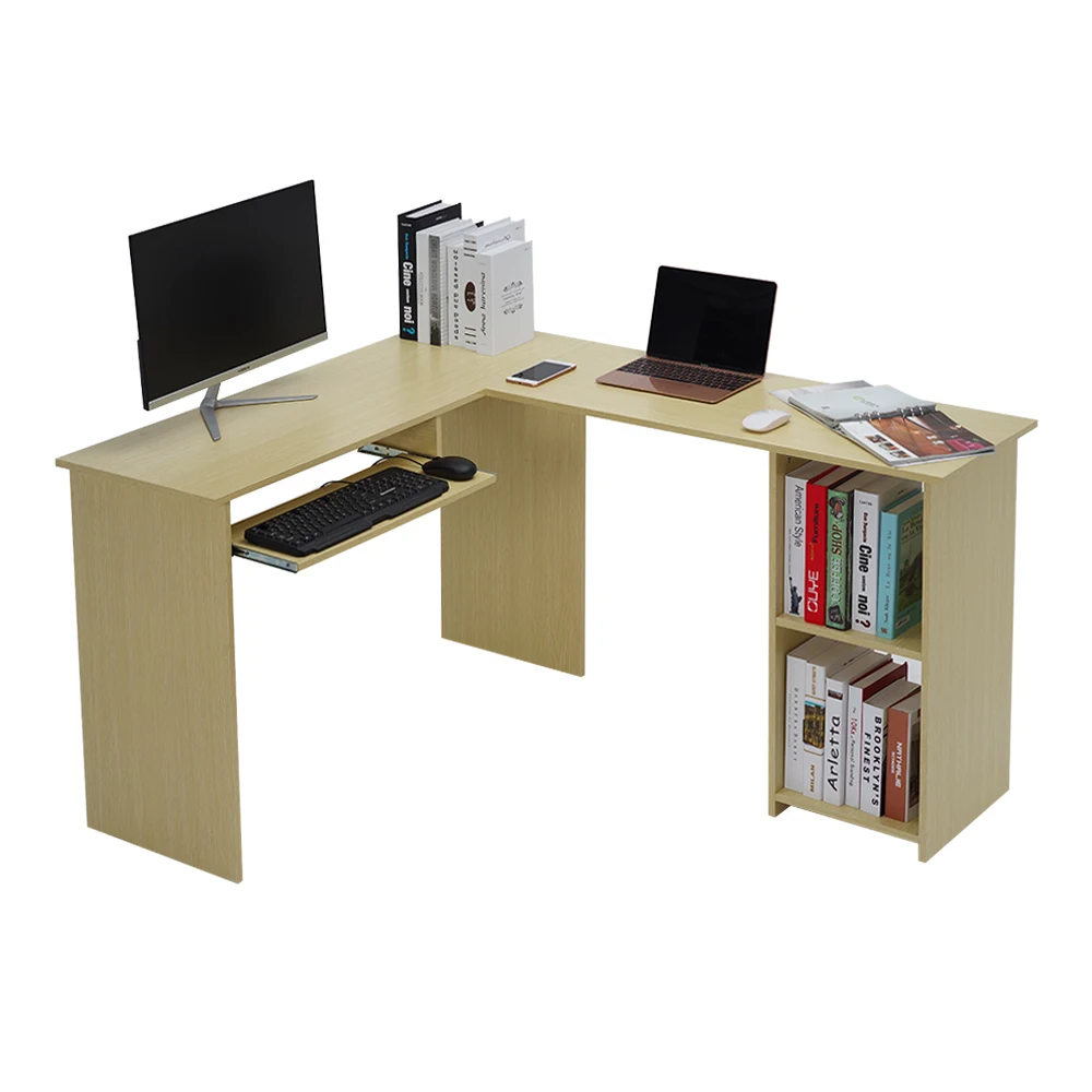 Large L-Shaped Computer Table with Sliding Keyboard Tray and 2-Bookshelf Corner T Computer Workstations 