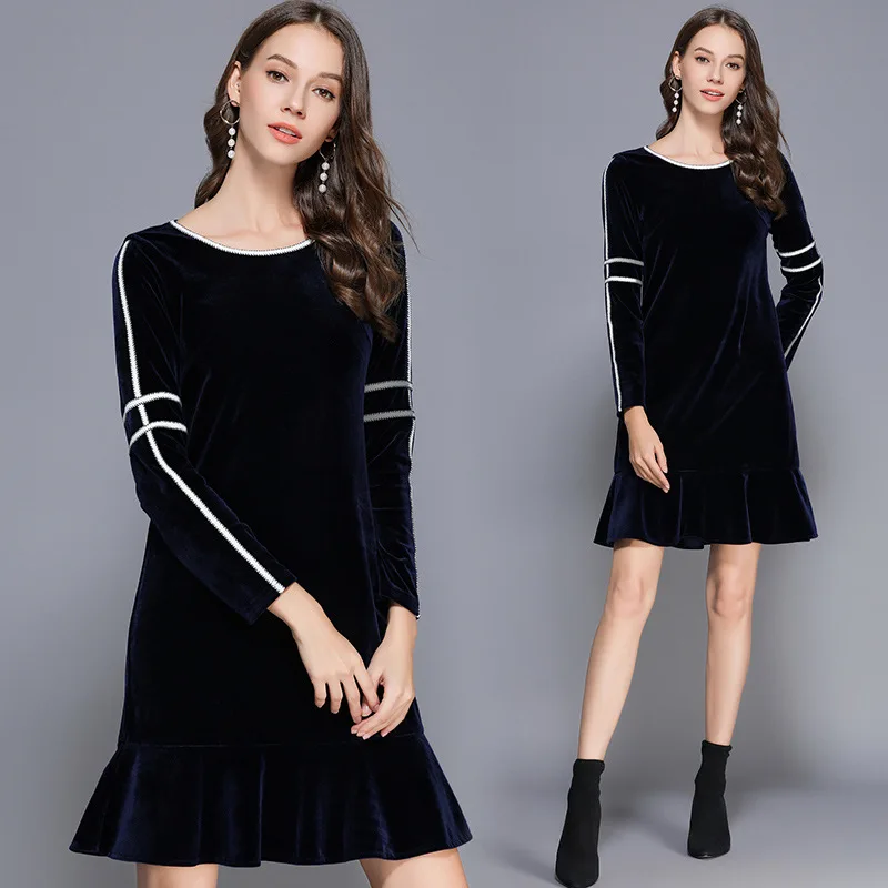 

2019 New Arrival Spring Knee-length Regular Natural O-neck Spring Dresses Womens velvet blue extra large plus size M-4XL 5XL