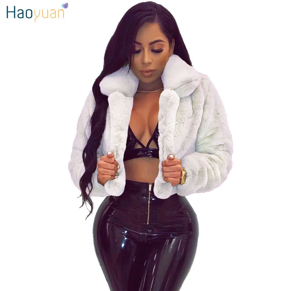 HAOYUAN Faux Fur Coat Women Long Sleeve Thick Warm Flurry Jackets Plus Size Short Teddy Plush Coat Autumn Winter Fur Overcoat
