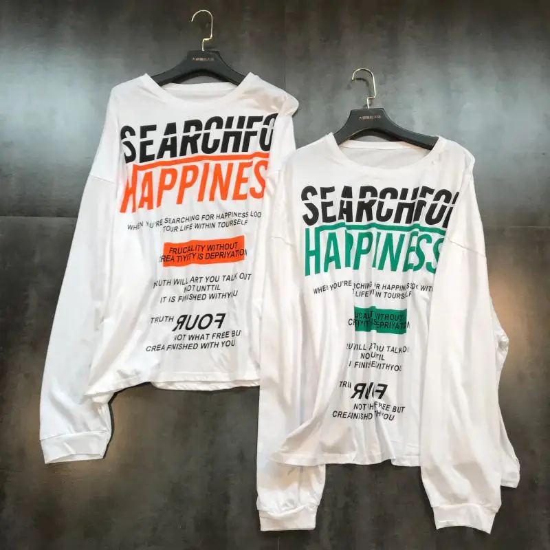 

2019 summer new looking for happy letter printing round neck wearing long-sleeved sunscreen shirt T-shirt female