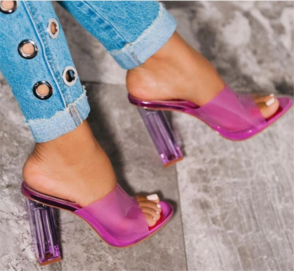 

RIBETRINI New Fashion INS Hot Big Size 35-42 Ladies High Heels Mules Women Shoes Woman Causal Party Sexy Summer Slippers