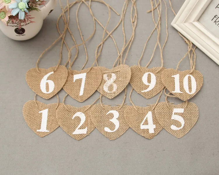 1000pcs jute Hessian burlap Table Number heart cards from 1 to10 rustic wedding centerpieces decor vintage wedding decoration 1000pcs jute Hessian burlap Table Number heart cards from 1 to10 rustic wedding centerpieces decor vintage wedding decoration