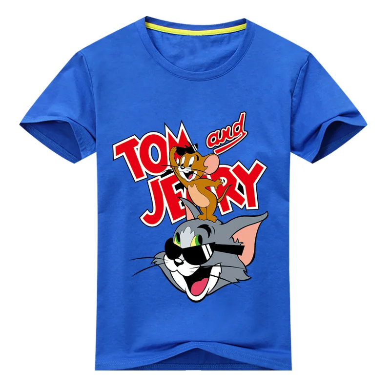 Коллекция года, Прямая поставка, футболки с принтом «Том и Джерри» для мальчиков и девочек, футболки с коротким рукавом для детей, топы, детская одежда, DX013 - Цвет: Type2 Blue