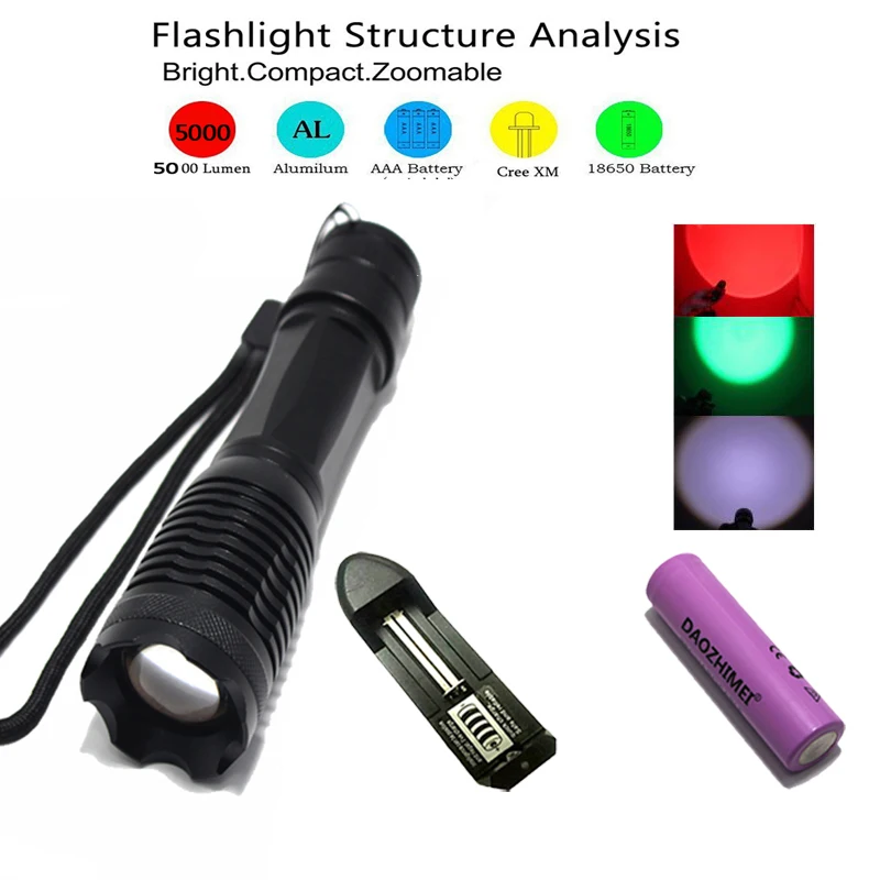 

6000LM XML T6 High Power Tactical light red/ green/ white LED Flashlight Aluminum LED Torch Zoomable Flash Light Torch Lamp