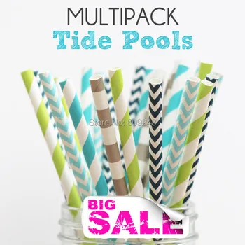 

125pcs Mixed Colors TIDE POOLS Themed Paper Straws,Gray Sailor Stripe,Light Blue and Navy Chevron,Teal and Apple Green Striped