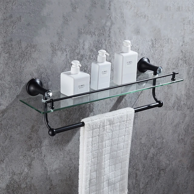 Black Antique Bathroom Shelves Single Tempered Glass Shelf Towel Bar