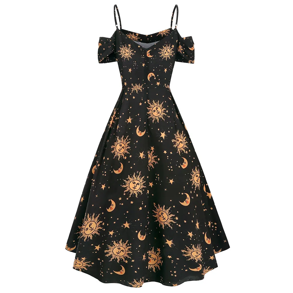 Женское платье Новая мода регулируемый плечевой ремень элегантное платье лето звезда, солнце и луна женское модное Повседневное платье на бретелях