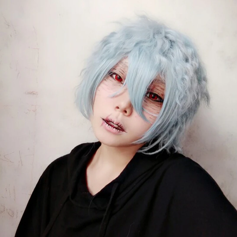 

High Quality My Hero Academia Tomura Shigaraki Wig Short Blue Curly Heat Resistant Synthetic Hair Cosplay Wig + Wig Cap