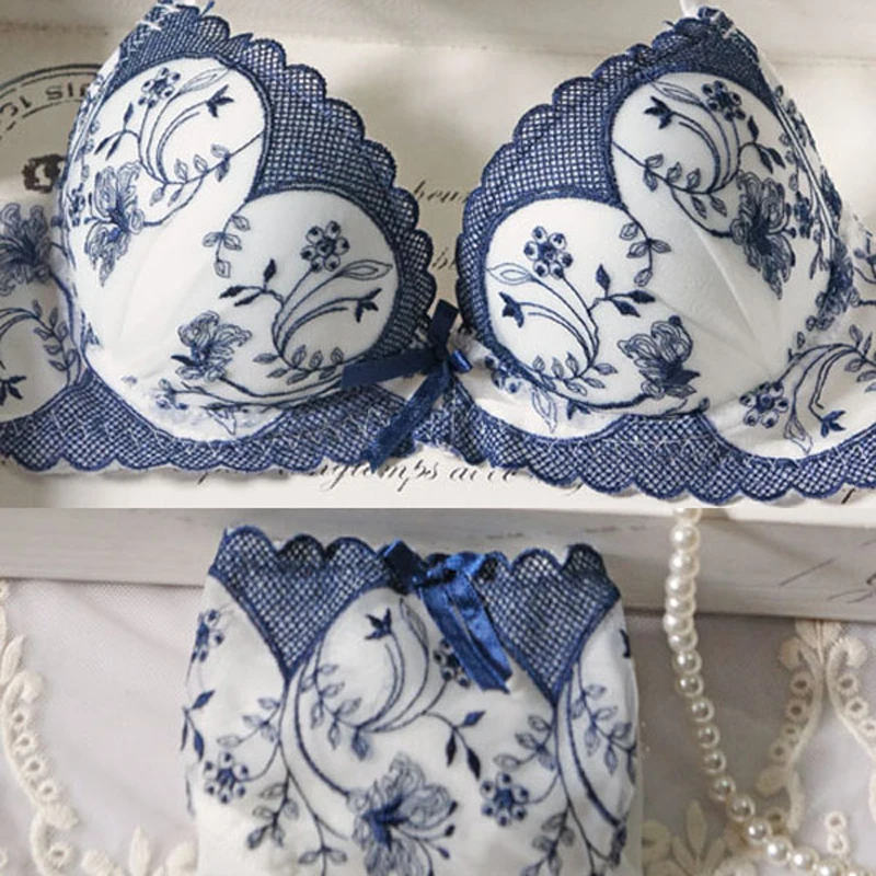 spring Floral cute embroidery flower Traceless push up bra set forming