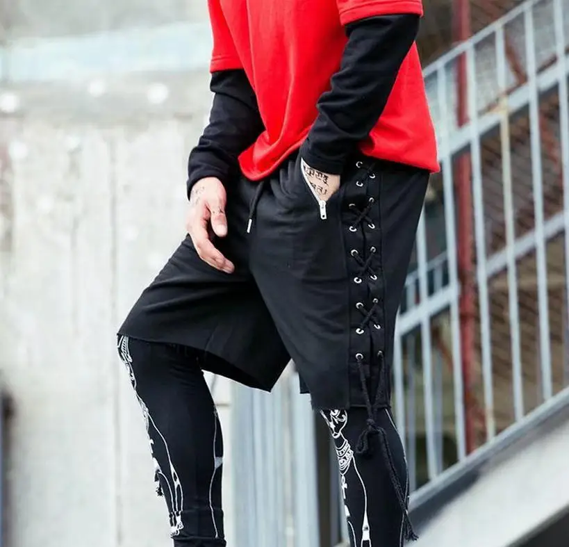 Fashion Street Wear Summer New Men Shorts Side Ribbon Cross Drawstring Hip hop Street Dance Men Summer Running Bodysuit Leggings31