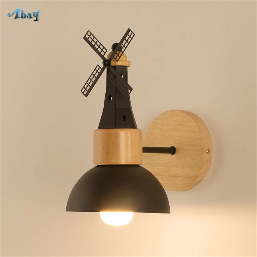

Art Deco Wall Lamp Wood Windmill White/black Coffee Store Child Bedroom Lamp Romantic Living Room Decoration Led Light Fixtures