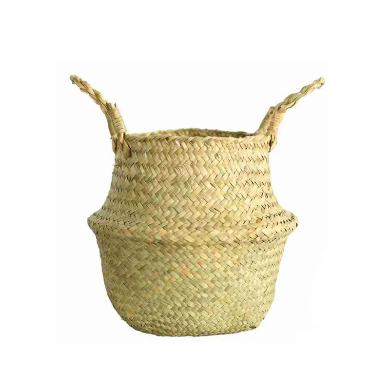 Garden Plant Flower Pot Handmade Rattan Storage Basket Foldable Seagrass Straw Hanging Woven Handle Toy Storage Container 1Pc