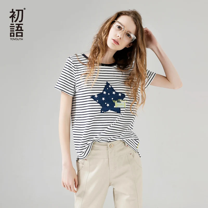 Toyouth Base Striped Summer T-Shirts Fashion Star Printed Short Sleeve T Shirt Women Casual O-Neck Tee Shirt Tops Femme Toyouth Base Striped Summer T-Shirts Fashion Star Printed Short Sleeve T Shirt Women Casual O-Neck Tee Shirt Tops Femme