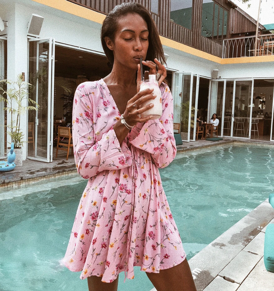 Летние Для женщин цветочные длинным рукавом платье мини Повседневное Boho