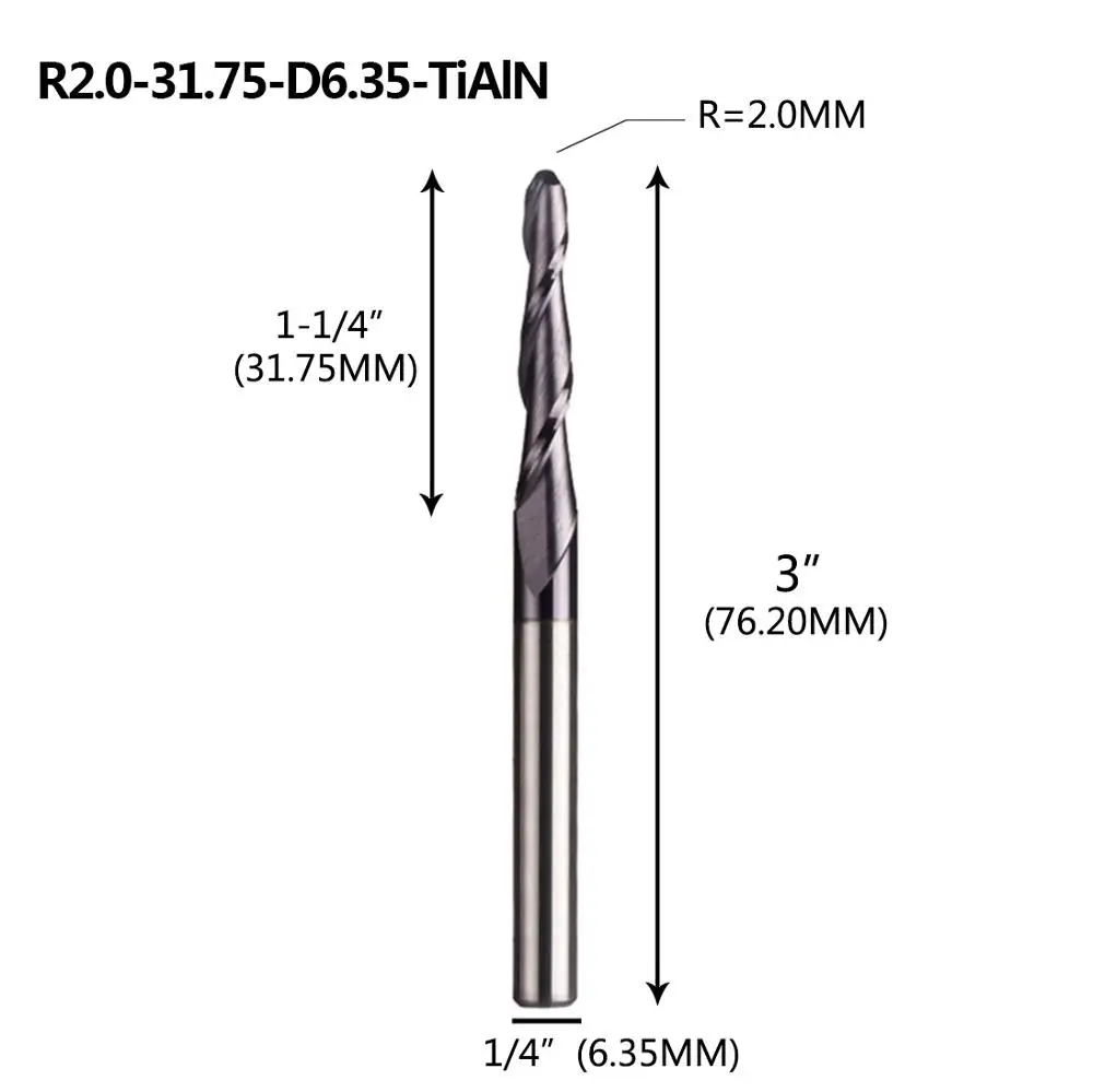 1 шт. дюймов Размер Концевая фреза карбида Вольфрама Конические концевые фрезы с шариковым концом древесины металла Фрезы ЧПУ фреза 6,35 мм хвостовик - Длина режущей кромки: R2.0-31.75-6.35-TAi