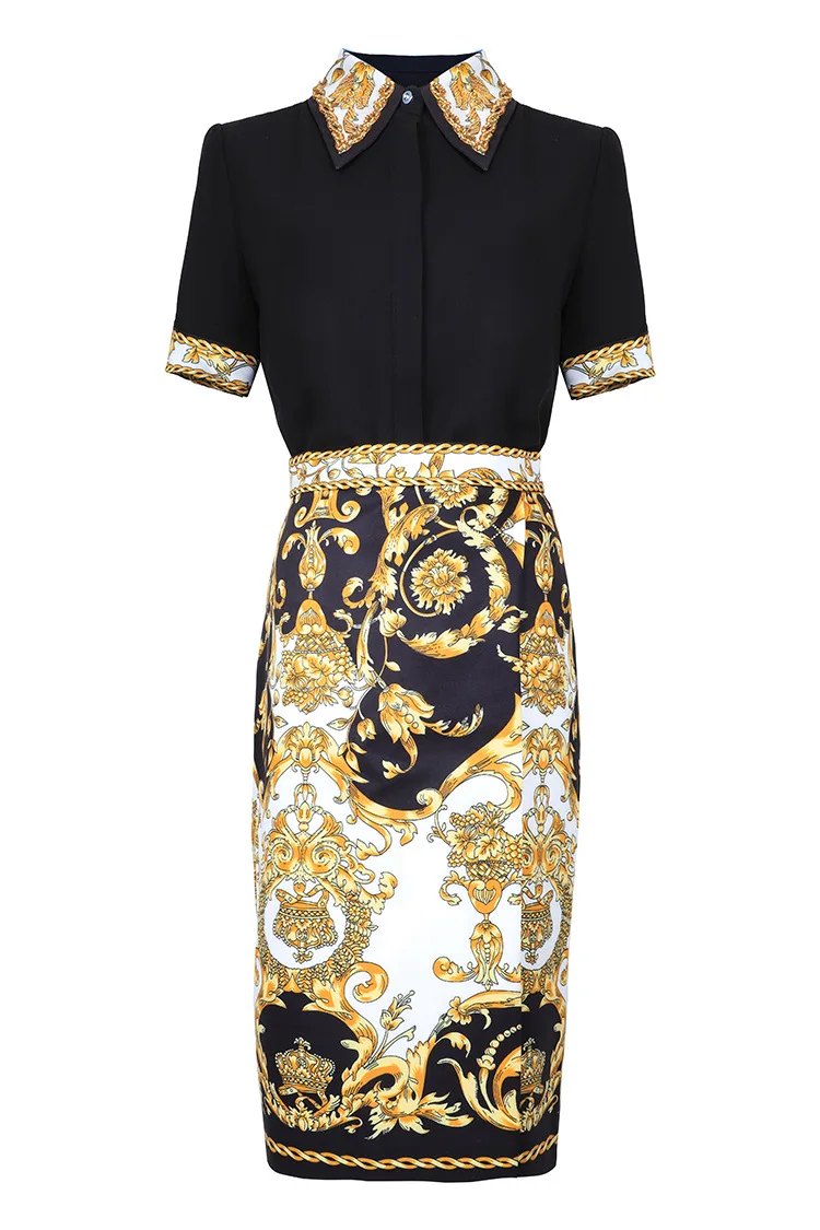 

European and American women's dress 2019 summer new style Short sleeved black shirt Vintage print skirt Fashion suits
