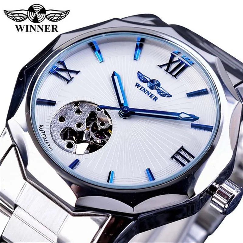 Winner Brand Automatic Skeleton Man Clock Top Fashion Silver Business Full Stainless Steel Relojes Hombre Mechanical Watch
