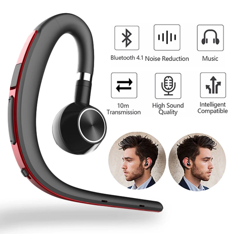Bluetooth Earphone Business Handsfree Ear Hook Wireless Headsets Noise Cancelling HD Mic Music For iPhone 7 8 X Huawei P20 P30