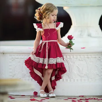 

Girls ins flying sleeves dress 2019 short long dovetail dresses European and American baby gilr lace backless irregular dress