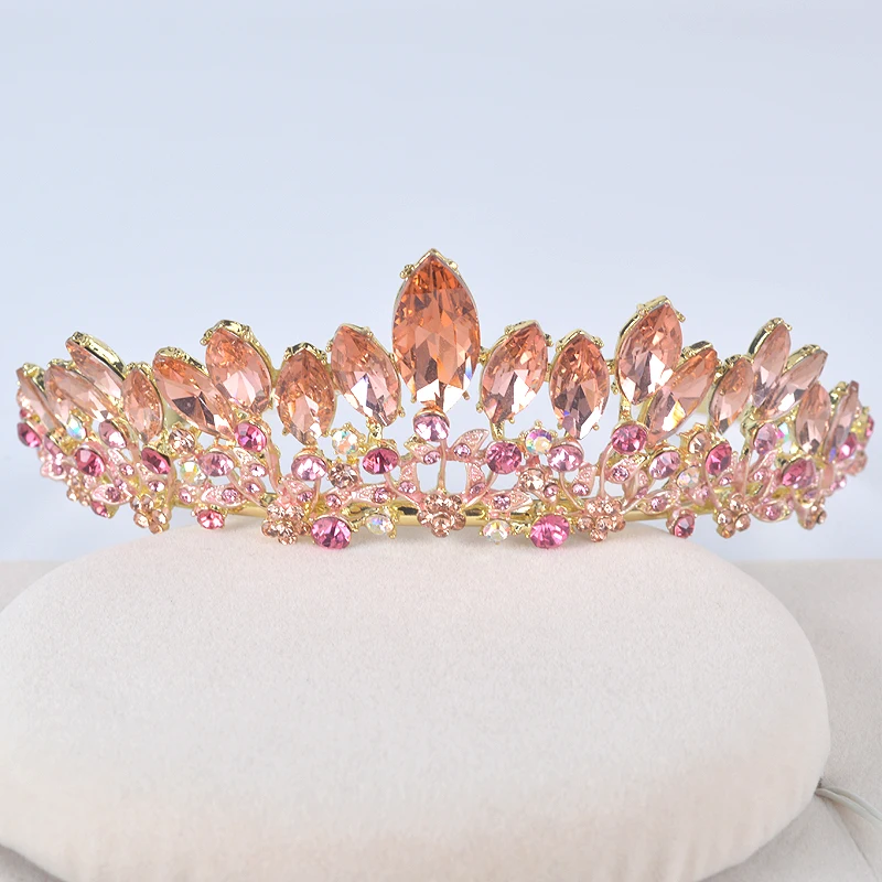 Fashion new peach color Wedding Hair tiara For Bride Crystal Rhinestones Women party Crowns Bridal
