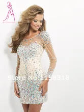 J&y 2015 Luxus rundhalsausschnitt vestido de festa mantel kristall perlen langarm V- rücken cocktailkleider