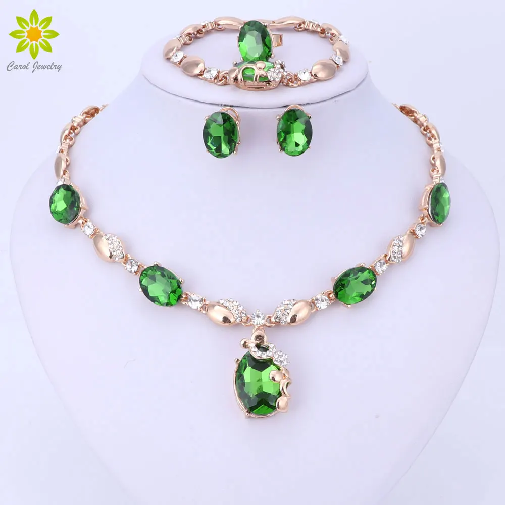 

Green Zircon Rhinestone Pendant Necklace Women Gold Color Wedding Bridal Costume Jewelry Sets