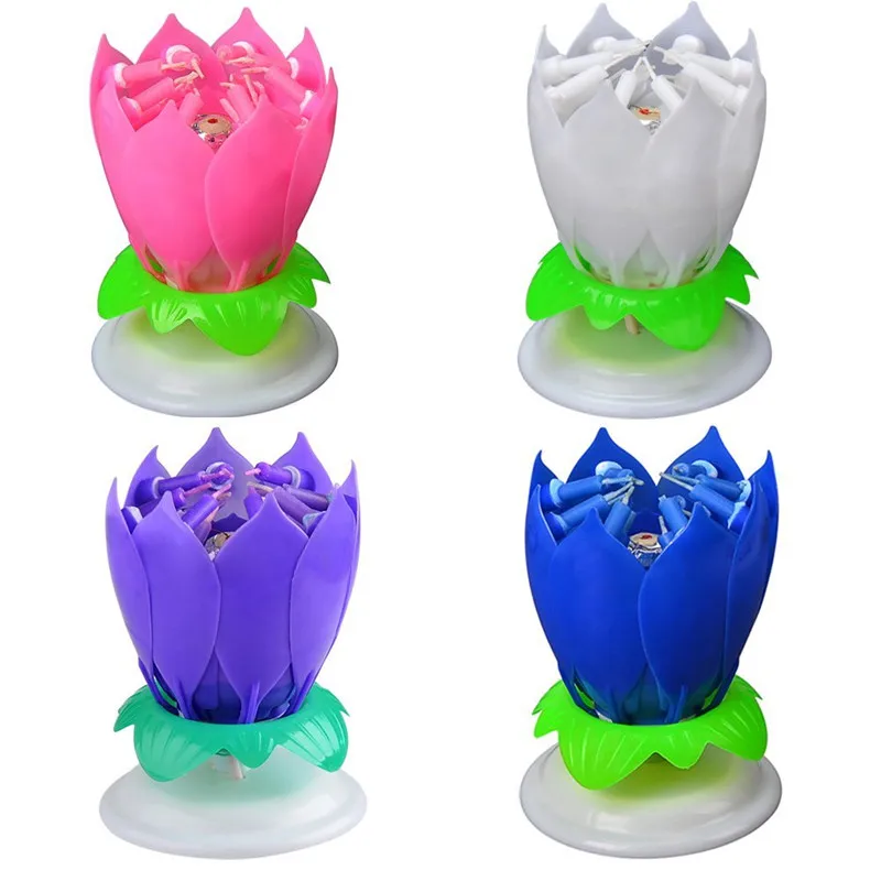 

4Pcs/set Creative The Amazing Two Layers with 14 Small Candles Lotus Happy Birthday Spin Singing Christmas wedding Music Candle