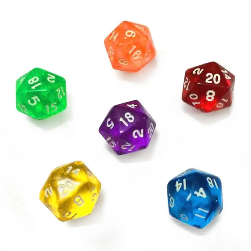 Mayitr 6pcs D20 Twenty Sided TRPG Games Dices Game Playing Mixed Color For Dungeons Dragons Clear Resin Dice Set Colorful