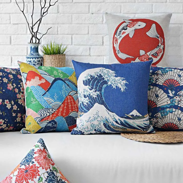 

Japanese-style Ukiyo-e Pillow Retro national cushions lumbar pillow thick linen pillowcase sofa cushion home decorative Pillows