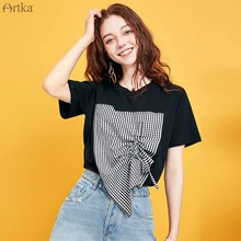 ARTKA, летняя женская футболка, повседневная, модная, в клетку, с завязками, с круглым вырезом, с коротким рукавом, черная футболка для женщин, TA15293X