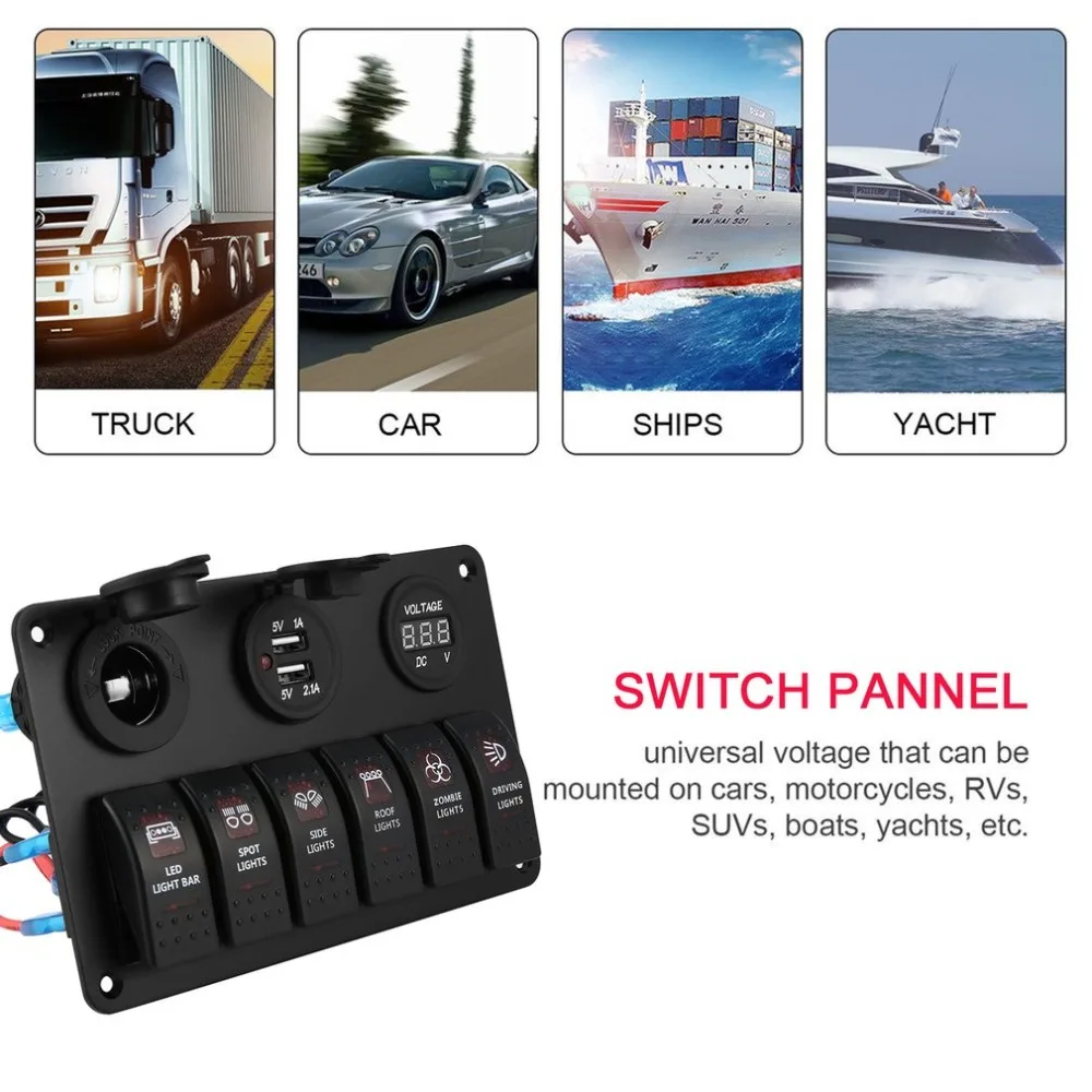 

6 Gang Waterproof RV Car Marine Boat Circuit Breaker LED Rocker Switch Panel Dual USB Charger Cigarette Socket