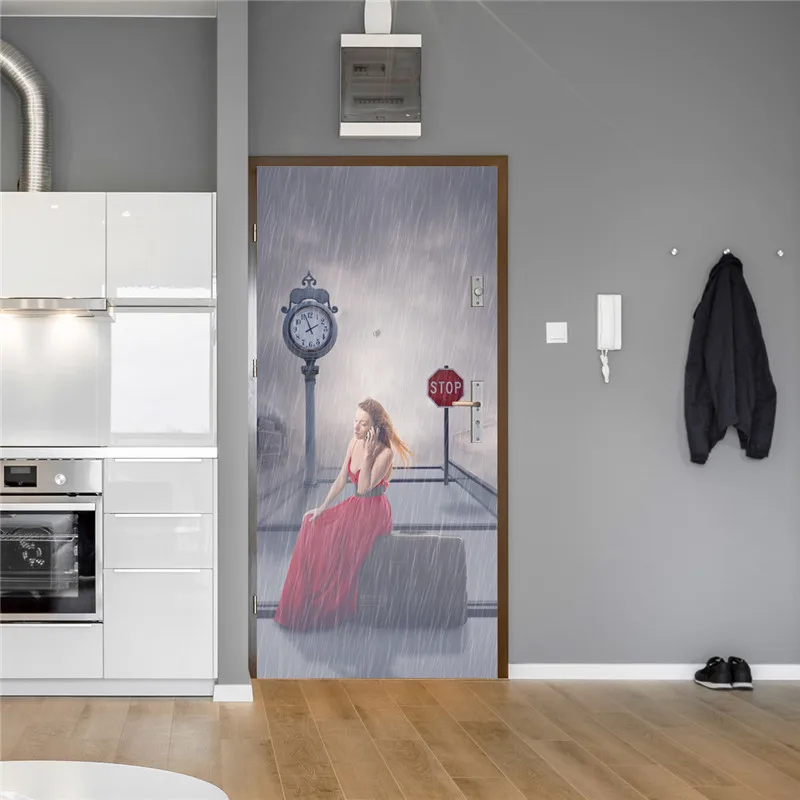 Removable Door Stickers Beautiful Woman In The Rain Waterproof Living Room Bathroom Wallpaper Self-adhesive Gate Art Mural | Дом и сад