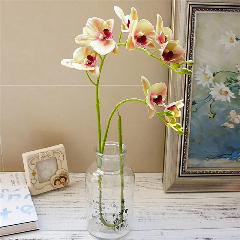 

2 Forks 3D Artificial Butterfly Orchid Flower Simulation Green Plant Silk Real Touch Flower Bouquet for Home Wedding Decoration