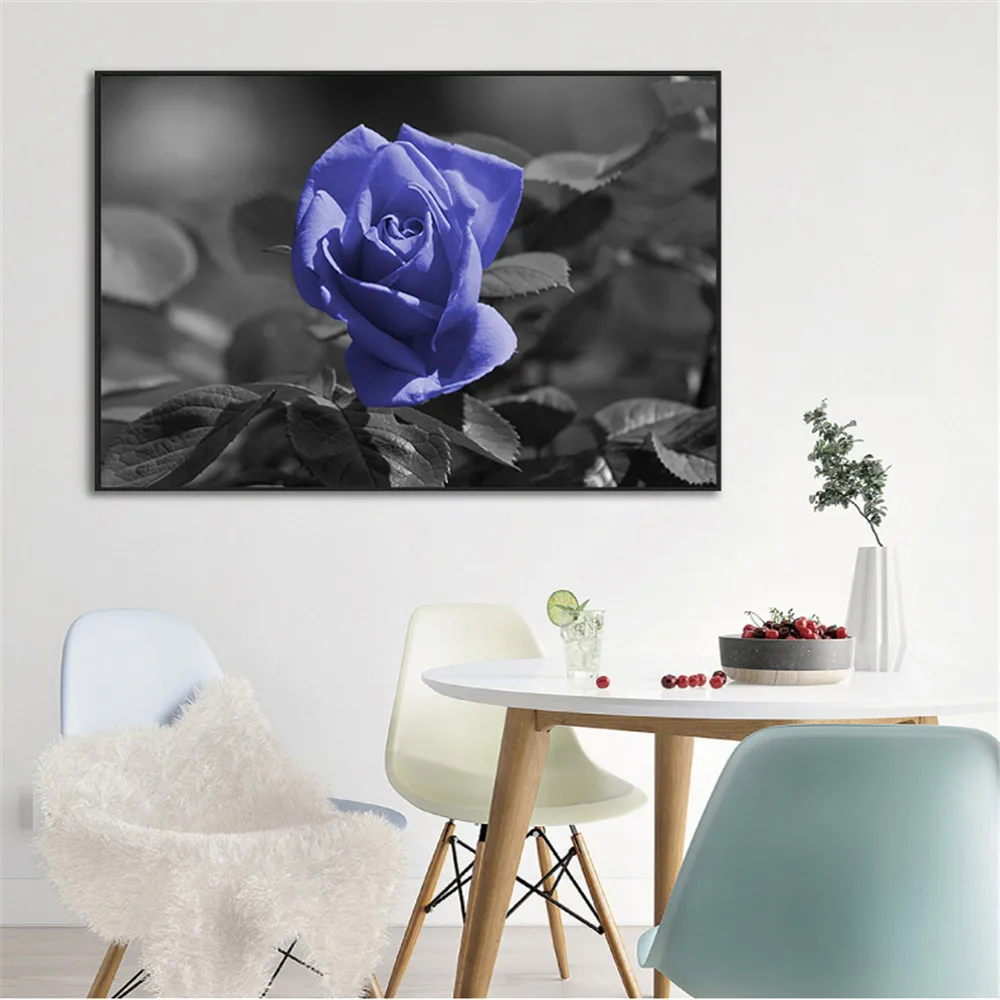 Wall Poster Black and White Blue Rose Flowers Painting Wall Pictures