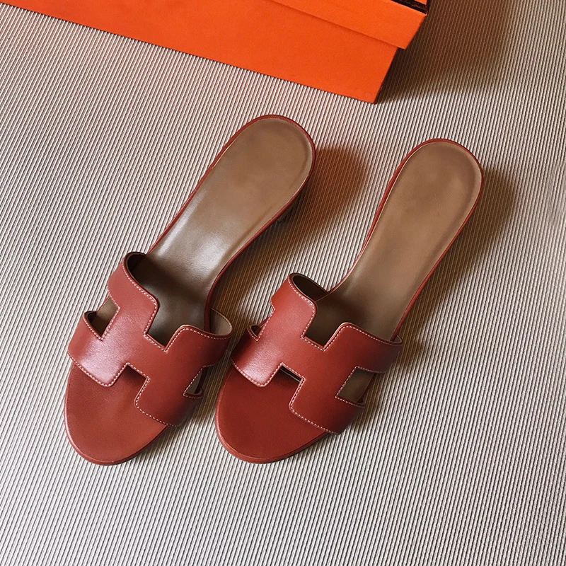 

2019 Summer H Luxury Brand Cow Leather Mixed Colors Ladies 5CM Mid Heel Womens Slides Flip Flops Shoe Woman Sandal Beach Slipper