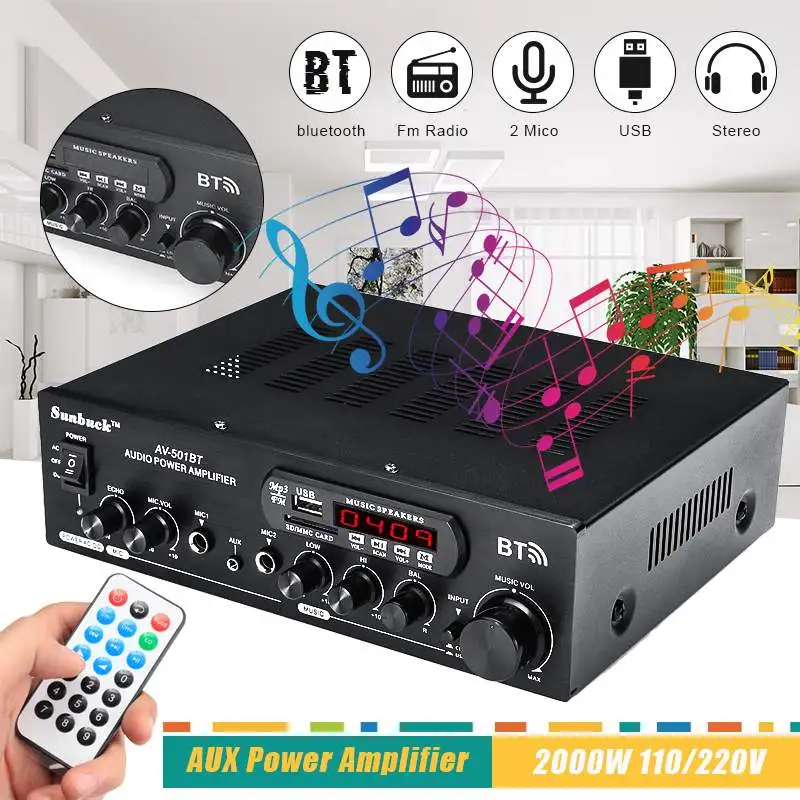

2000W Audio Sound Power bluetooth Amplifier Hifi FM 110V/220V DC 12V AUX input USB SD 2 Mic input for Car Home Theater DJ KTV