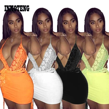 

INMOTENG 2019 Women Sexy Summer Deep V-Neck Lace Open Back Bodysuit Mini Skirts Suits 2pcs Set Club Night Tracksuit Outfit XXL