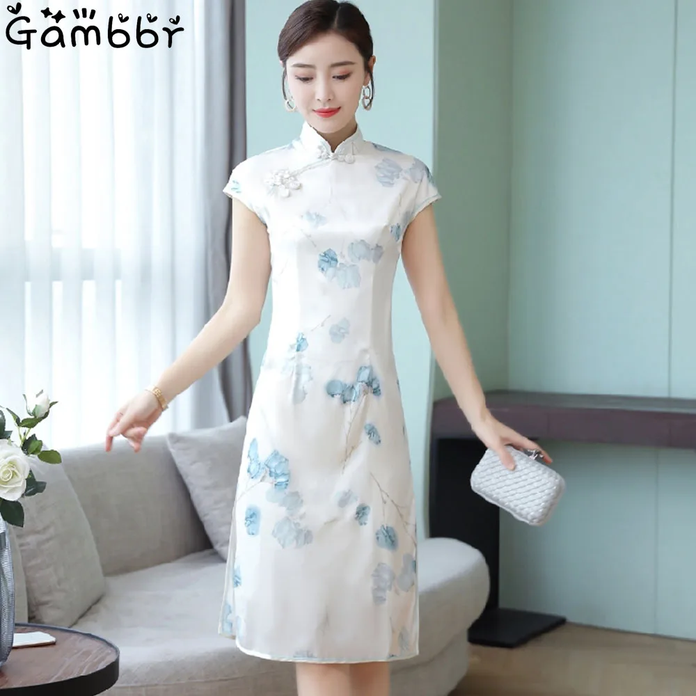 

elegant printed silk qipao chinese tradition dresses 2019 summer short sleeve sexy High-quality modern cheongsam women qi pao