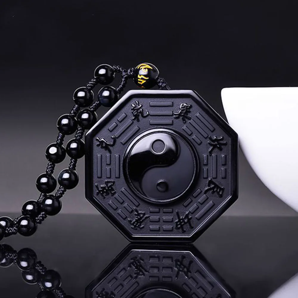 

Drop Shipping Lucky Men Natural Stone Black Obsidian Pendant Necklace Chinese Bagua Dragon Phoenix Tai Chi Buddha Women Jewelry