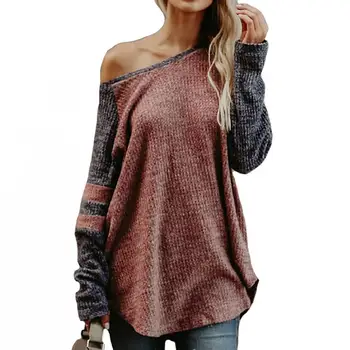 

Leisure Loose Patchwork Off-Shoulder Long Sleeve T-Shirt Autumn Women Oversized Sweater Jumper Baggy Ladies Tops