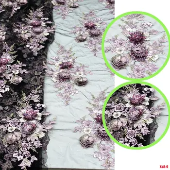 

Very Beautiful Handmade mesh tulle fabric Embroidery 3D flower with beads applique tissus sewing material wedding dress f180922