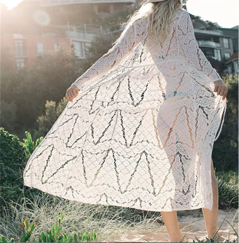 

Women Summer Dress 2019 Elegant Long Sleeve White Lace Cardigan Holiday Bathing Swimsuit Cover Up Beach Sundress Clothing NEW