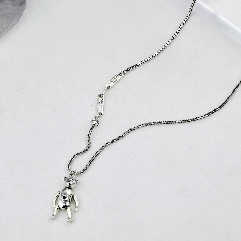 Корейское колье-чокер с милым медведем, 925 пробы, серебряное женское модное ожерелье, античное серебряное сплайсинговое ожерелье, женское ожерелье, ювелирное изделие
