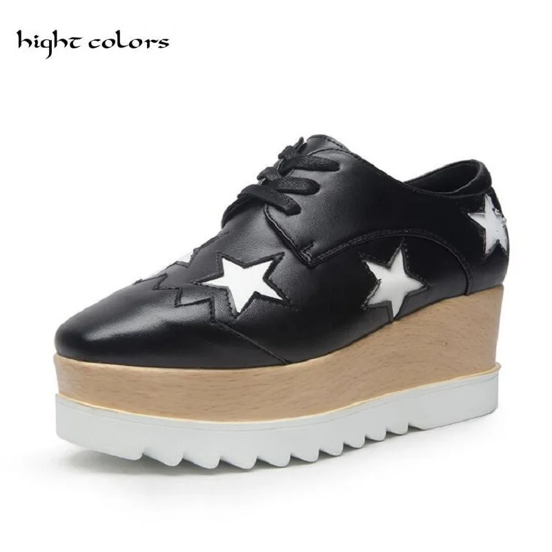 

33~41 Big SIZE New 2019 Square Toe Fashion Casual Shoes Stars Lace-up Height Increasing Women Wedge Heels Platform Shoes GBS88