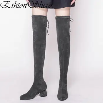 

EshtonShero Shoes Woman Over The Knee Boots Med Heels Women Elastic band Gray Pointed Toe Ladies Motorcycle Boot Size 34-40